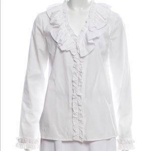 Tory Burch White Ruffle Button-Up Blouse